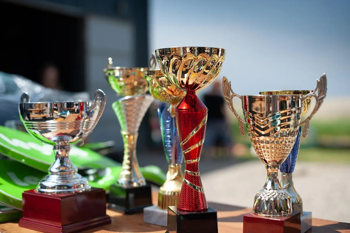 Trophies lined up on a table